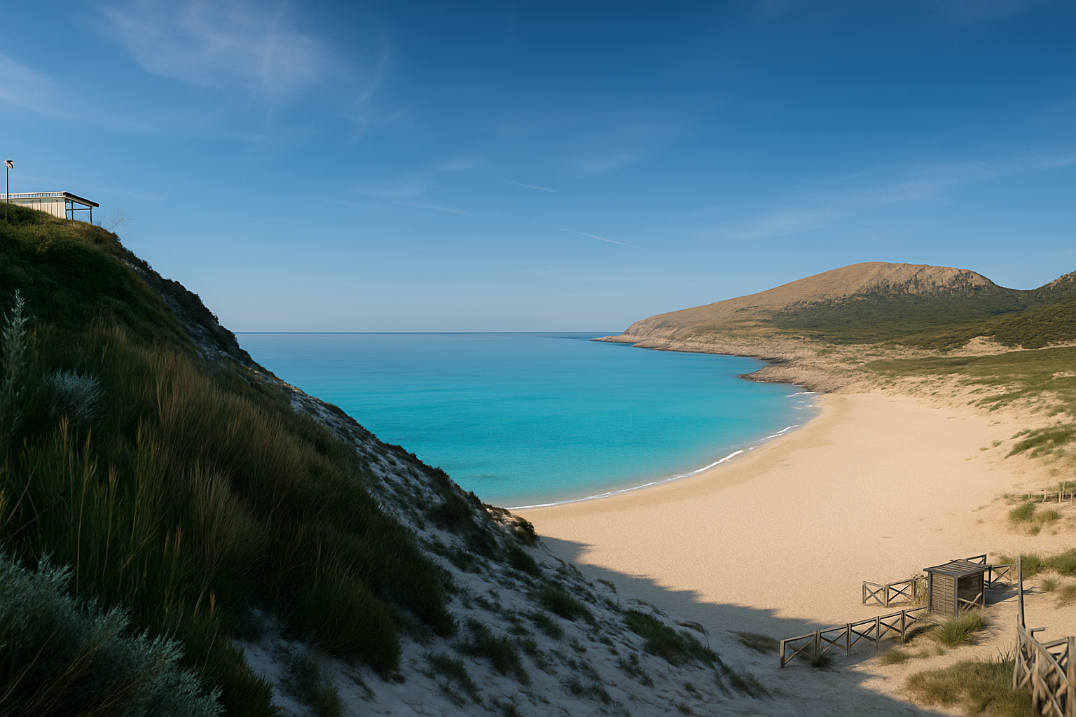 Vista panorámica ultrarrealista de Cala Mesquida en Mallorca, tomada desde una colina con vistas a la playa dorada.