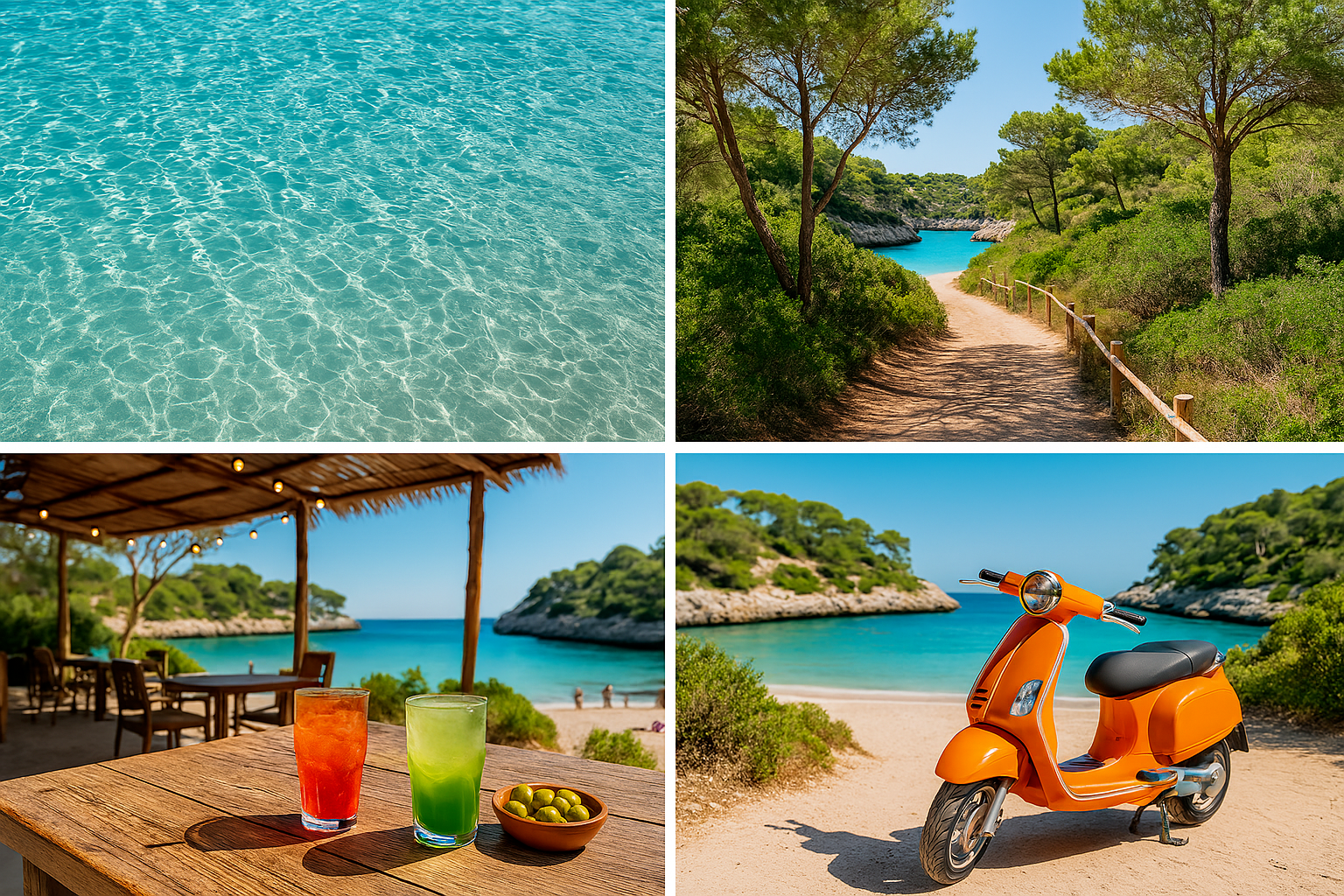 Collage of four images depicting youthful experiences in the coves of Mallorca