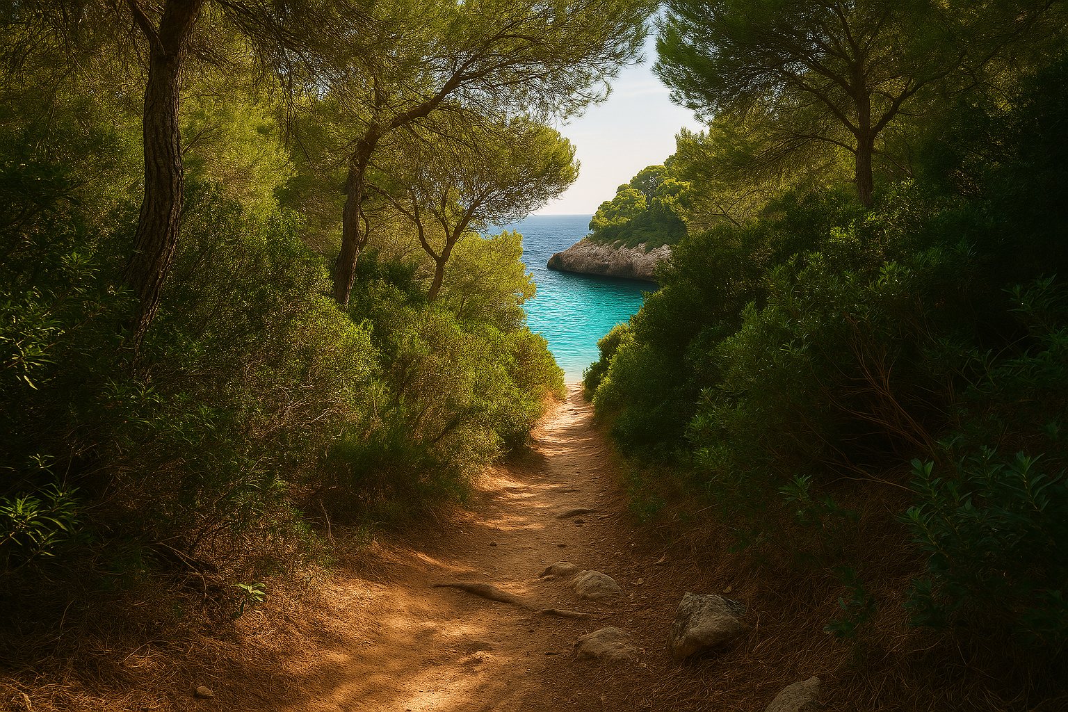 Sendero entre pinos mediterráneos en Mallorca, conduciendo a una cala secreta con agua turquesa visible al final del camino