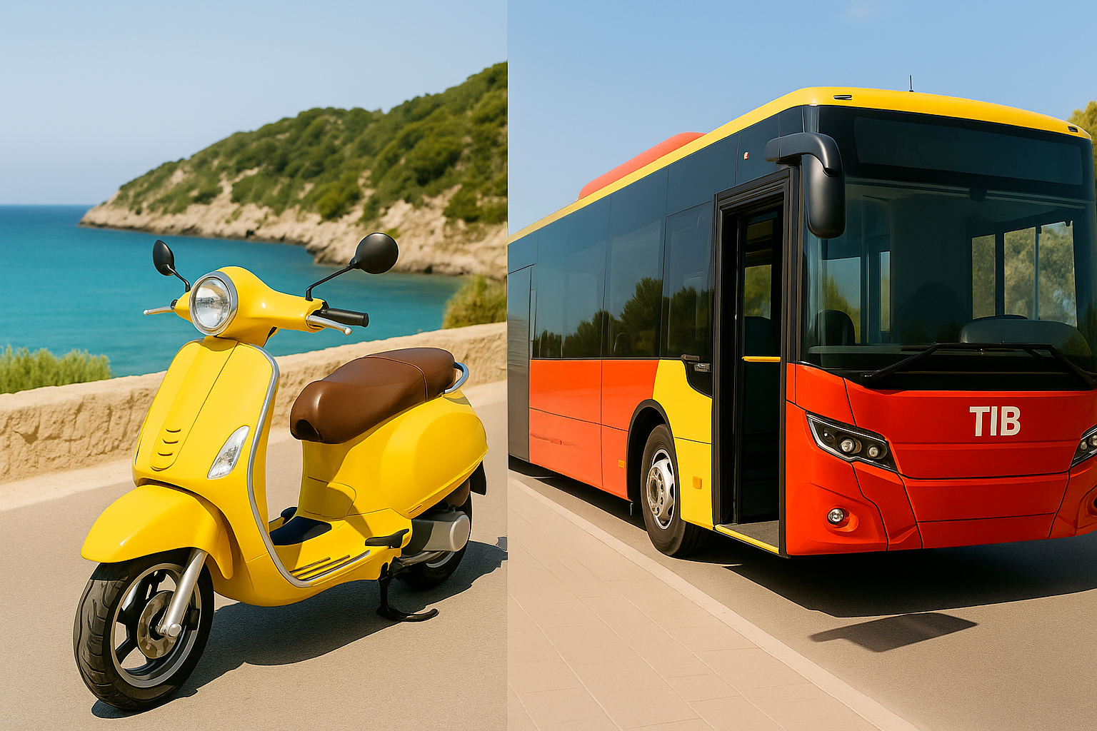 Comparison of affordable transportation options in Mallorca: a yellow scooter on a coastal road and a TIB bus