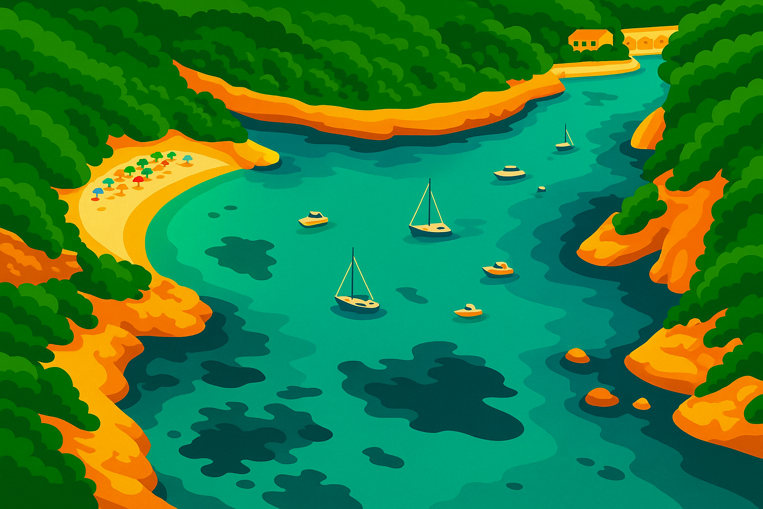 Illustrazione vettoriale in stile retrò di Cala d’Or a Maiorca, con mare turchese, spiaggia sabbiosa e vegetazione mediterranea.