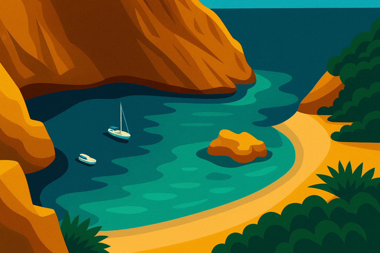 Illustrazione vettoriale in stile flat di Cala en Basset a Maiorca, con mare turchese, rocce e paesaggio mediterraneo selvaggio.